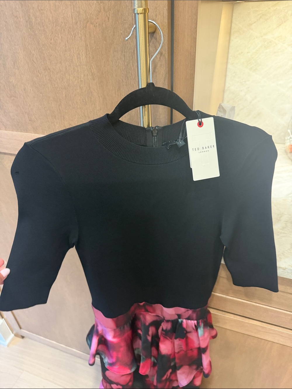 Ted Baker Black Top with Pink Floral Ruffle Skirt Midi Dress - Picture 5 of 8
